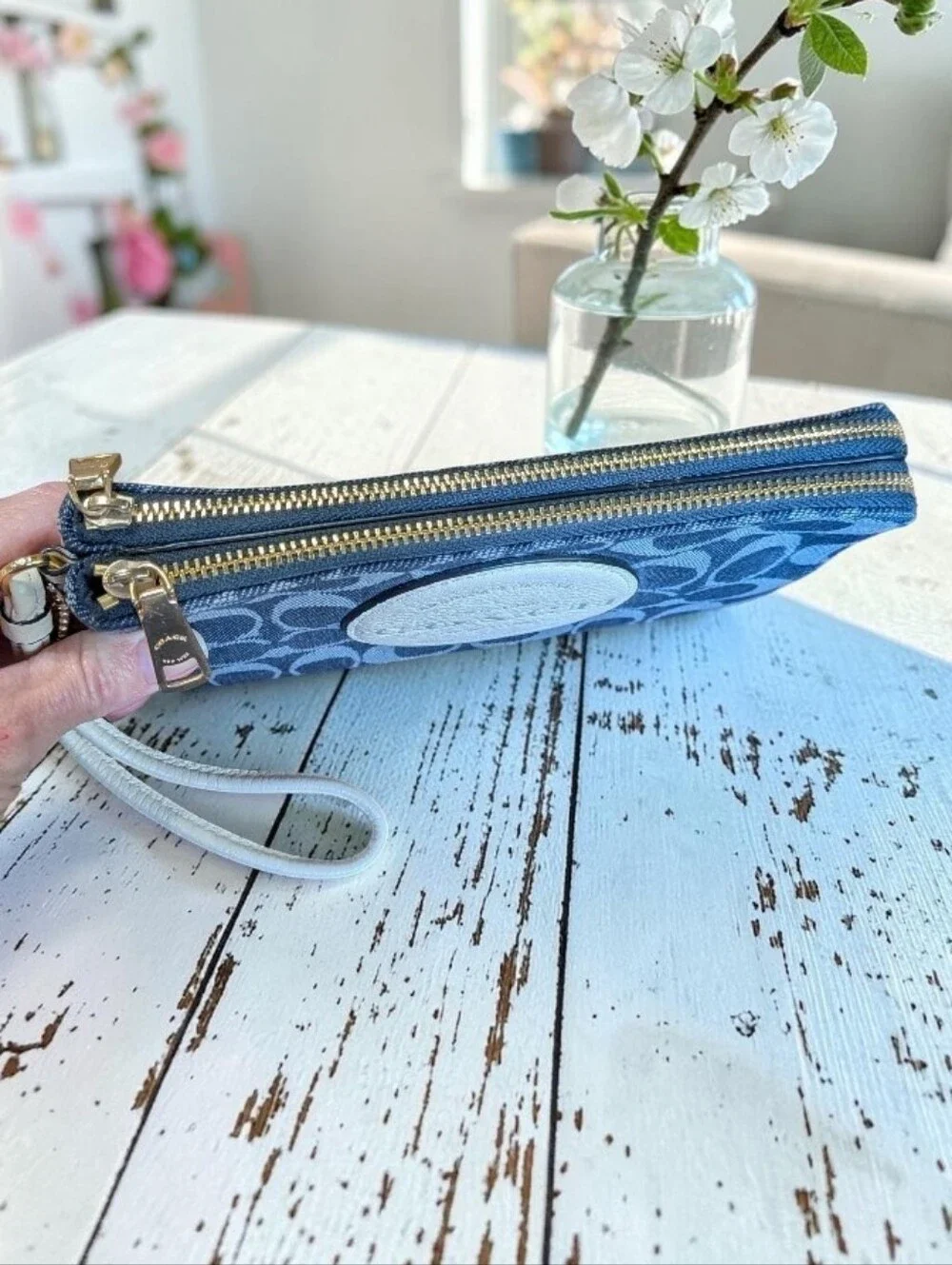 Coach Signature Zip Wristlet in Blue with White Logo Patch